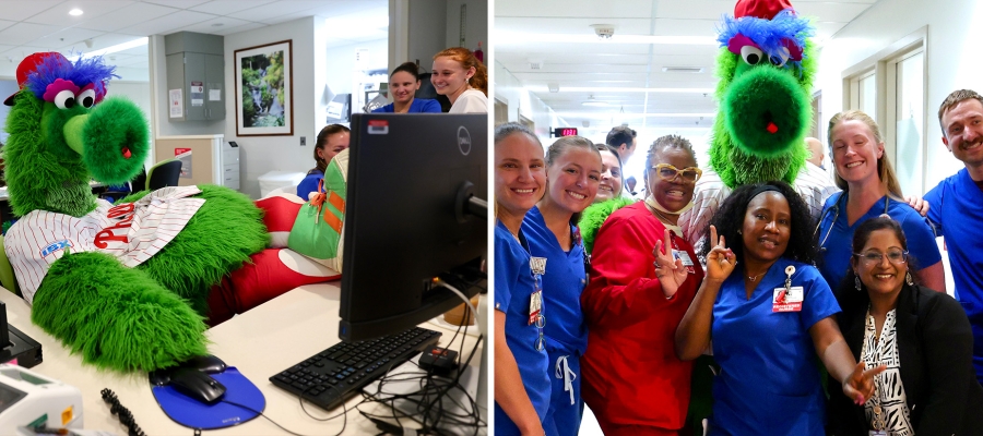 Phillie Phanatic visiting Temple Health staff