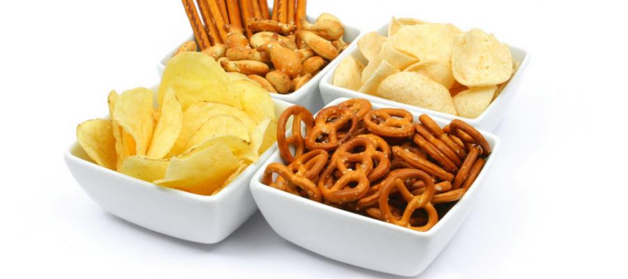 Bowls of pretzels and chips