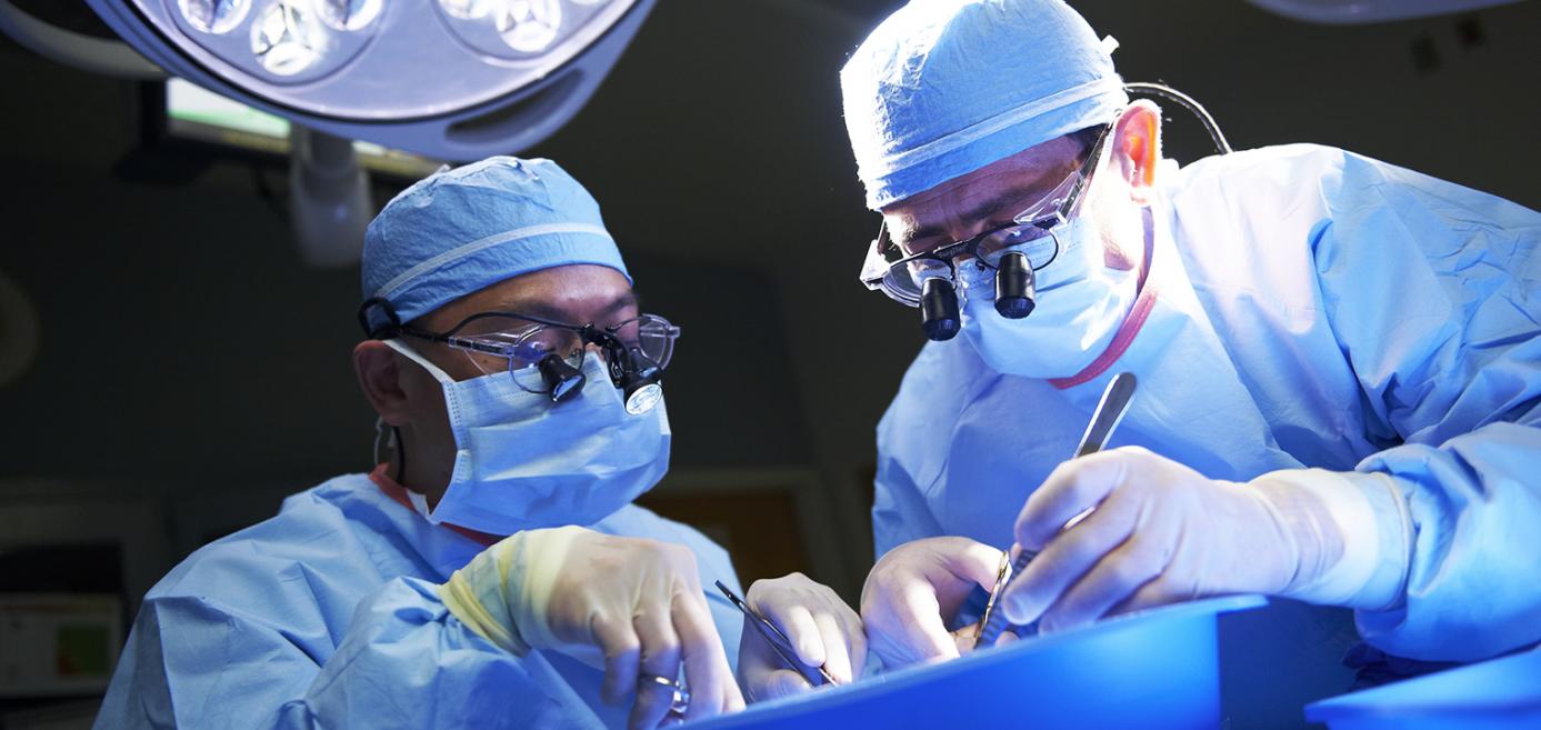 Two physicians working together in the operating room