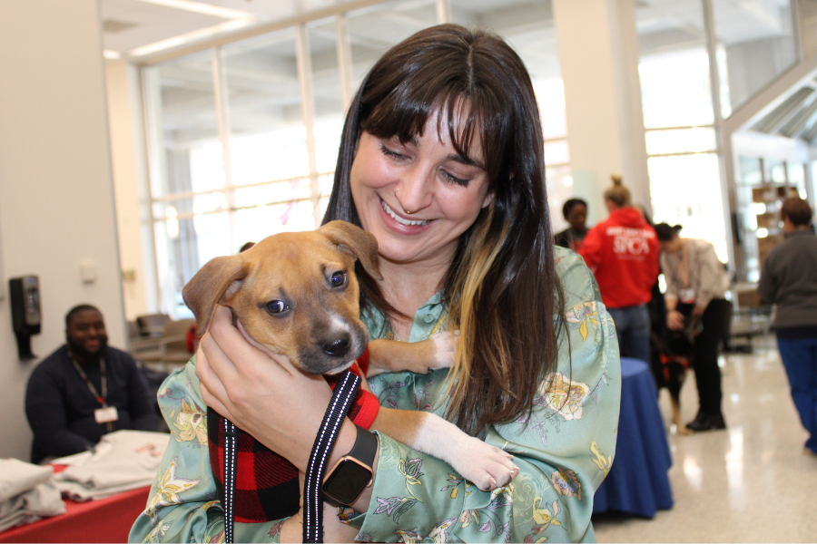Marybeth Taylor, Community Benefit & Special Project Manager, enjoys a special moment with one of the puppies. 