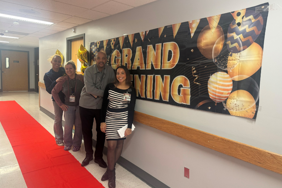 (From left to right): Certified Peer Specialist Intern Nevada Harp, Certified Peer Specialist Linda Guzman, Behavioral Health Therapist Michael Wilson, and Behavioral Health Therapist Lexi Thomas at the Rec Room’s Grand Opening. 