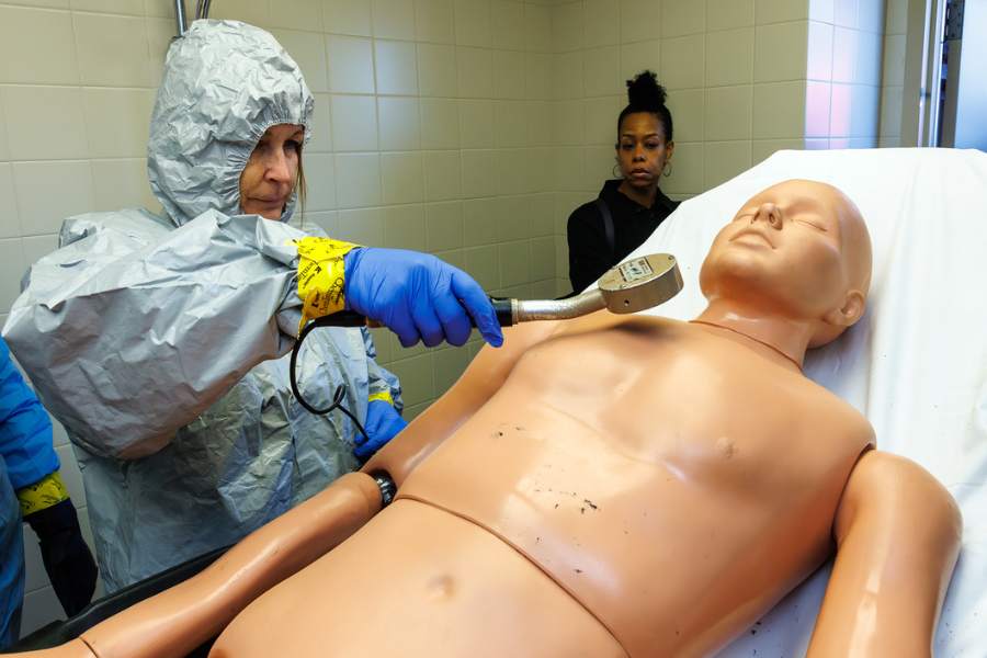 Marie Meinel, Temple Health’s Manager of Nuclear Medicine, used a Geiger counter to detect radiologic material on the patient’s body.