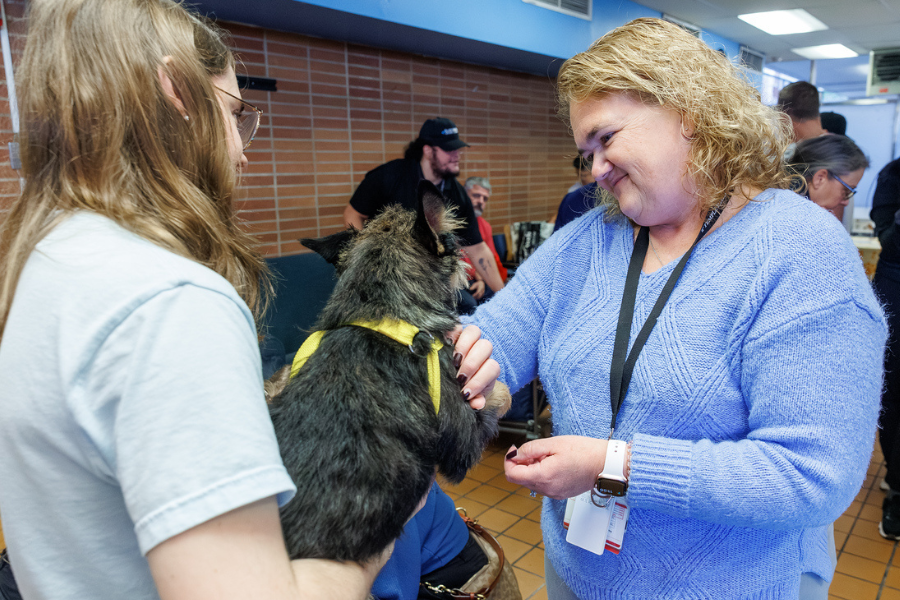 Team members having fun with the puppy’s company.