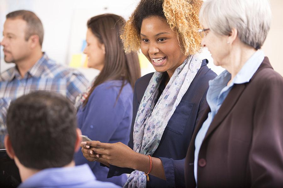 Business professionals talking about health