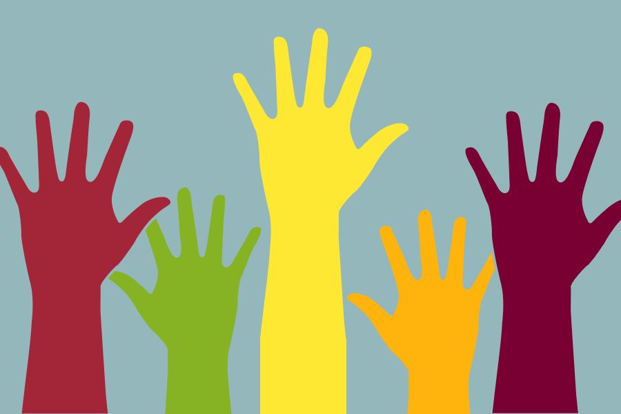 Colorful cartoon hands raised in the air