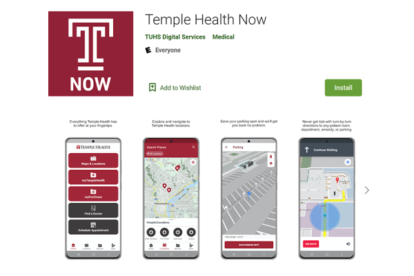 Temple Health Now app download page at the Google Play Store