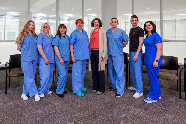 Dr. Lisa Rae (center right) and Natalya Ridkodim (first from right) with the delegation from Ukraine, including Dr. Kovalenko (third from right) and Dr. Frantseva (fourth from left).