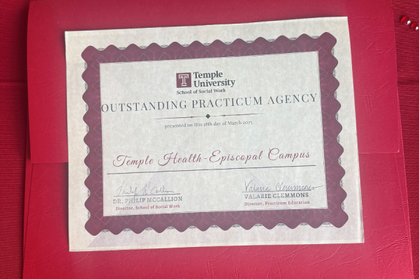 The Outstanding Practicum Agency Award, presented by Temple University's School of Social Work.