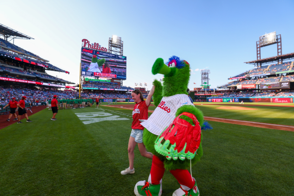 Lauren with the Phanatic after her successful first pitch. Courtesy of the Philadelphia Phillies.