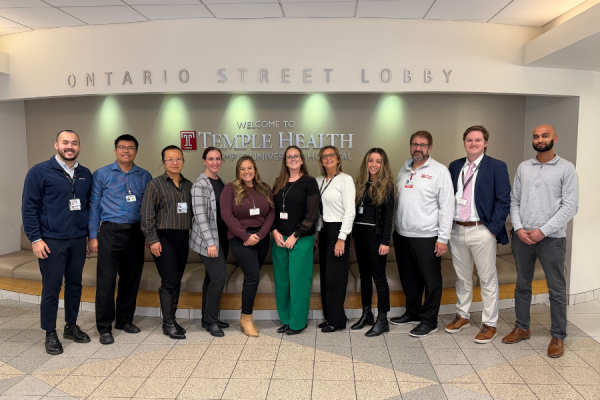 The Performance Excellence team at TUH-Main Campus. From left to right: Temir Duisenbek; Shitong Cao, MBA, LSSBB, PMP; Yi Xu; Jessica McKnight, MPH, CIC, SSBBP; Brittany Layton; Maggie Sher; Jennifer Leahy; Nicole Patlakh; Mark Meyers, DNP, MBA, RN, NEA-BC; Patrick Schmincke, and Karan Patel. Not pictured: Joy Weaver, DNP, MSN, RN-BC.