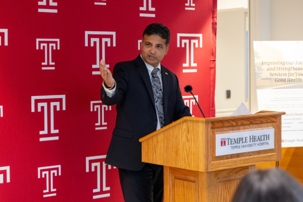 Abhi Rastogi, MBA, MIS, Chief Operating Officer & EVP of Temple Health and President & CEO of Temple University Hospital Inc., delivers remarks at the ribbon-cutting and appreciation ceremony.