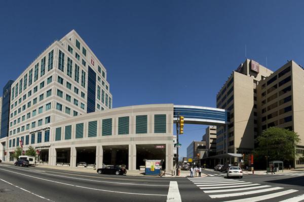 Panoramic shot of outside of Lewis Katz School of Medicine